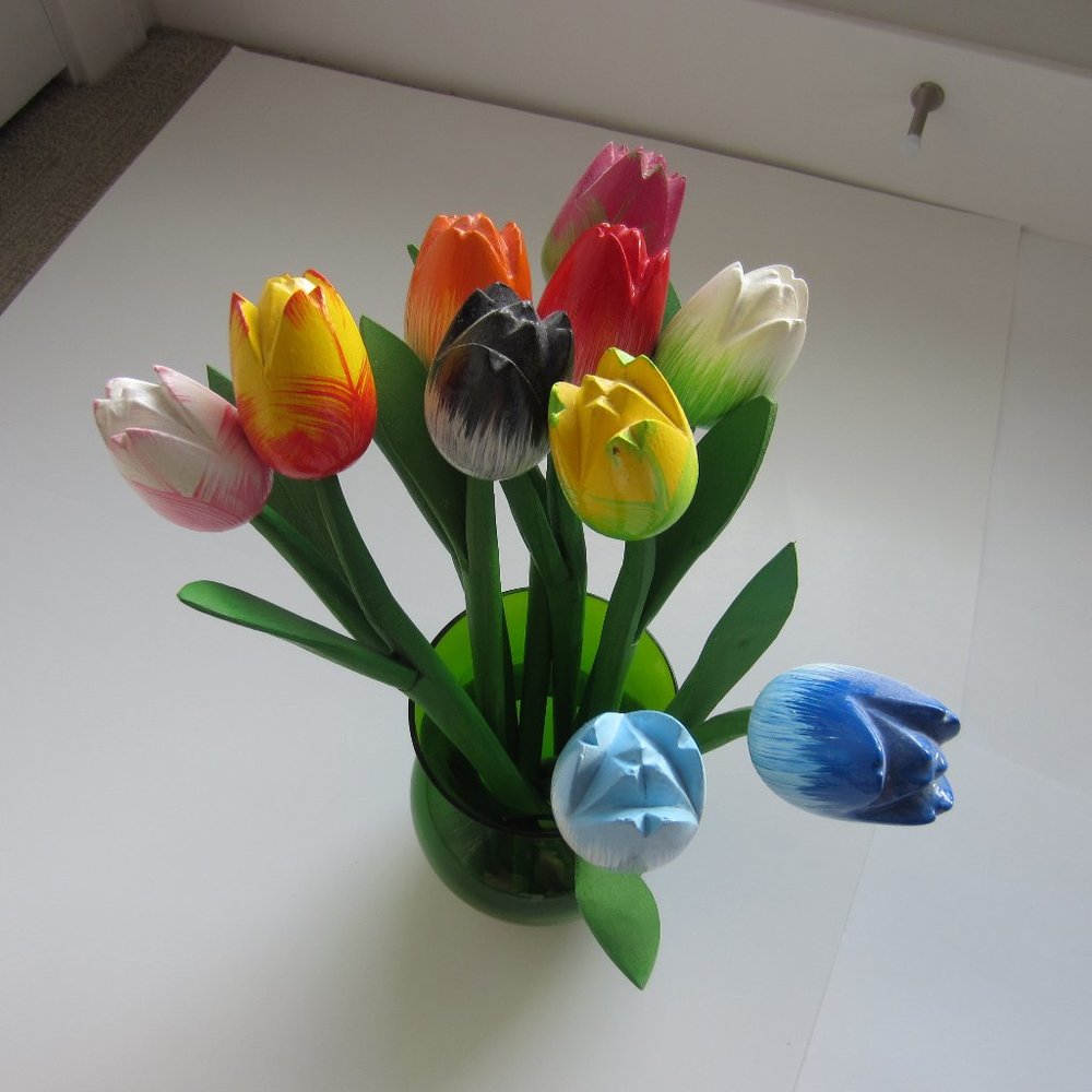 10 Wooden Tulips, Handmade in Holland.  14" each